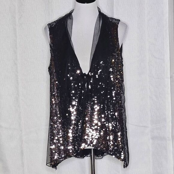 Elie Tahari Black Semi Sheer Sequin & Tulle Versatile Drape Neckline Formal Vest - Picture 2 of 14
